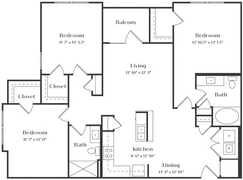 Floor plan for 3 beds, 2 baths, 1267 sqft